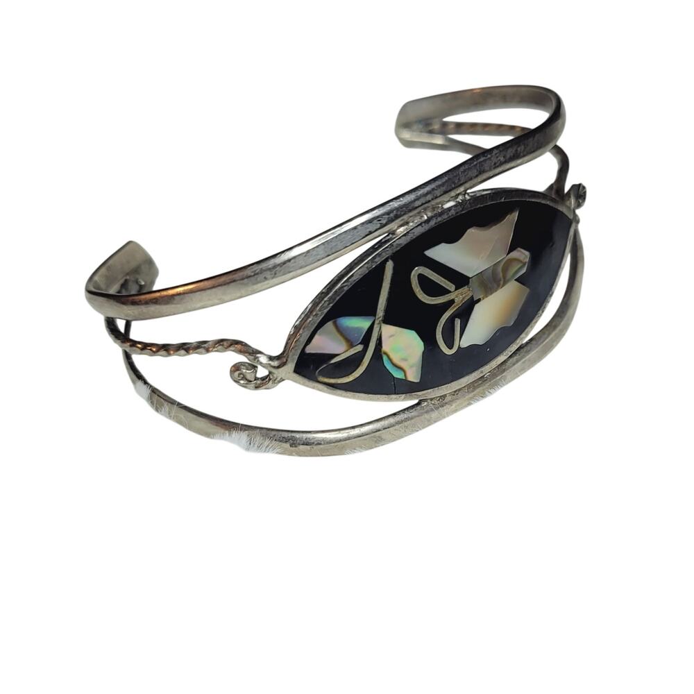 Vintage Alpaca Mexico Silver Cuff Bracelet with Abalone Mother of Pearl Inlay!